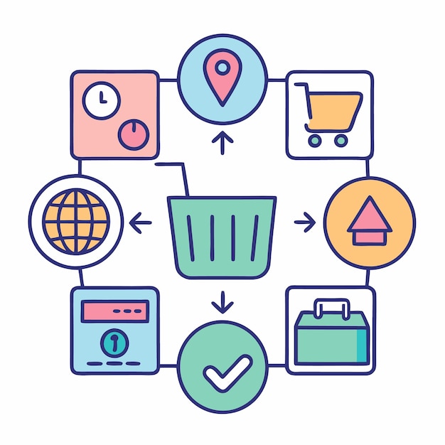 Vector shopping cart flowchart with timeline delivery and payment