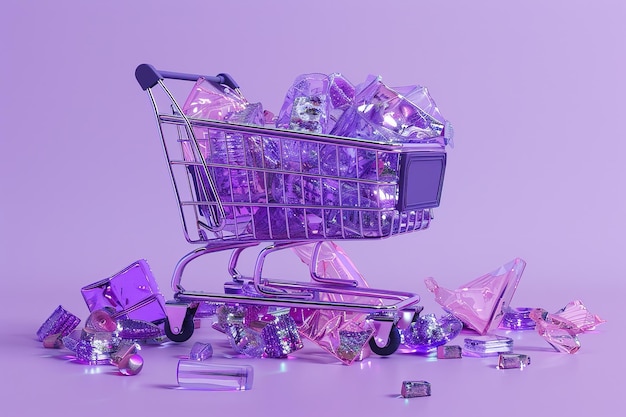 Vector a shopping cart full of products on a purple background