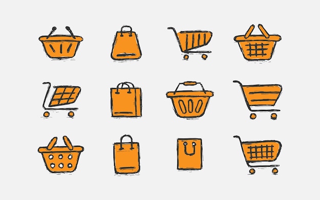 Shopping cart icon set. Collection of web icons for online stores, sketch hand drawn icon set