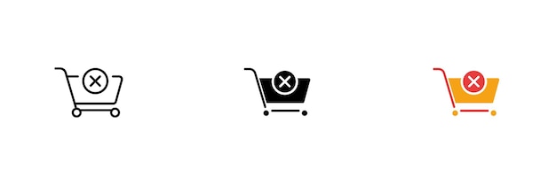 Shopping cart icon with a cross Cancellation of online home delivery payment failed Vector set of icons in line black and colorful styles isolated on white background