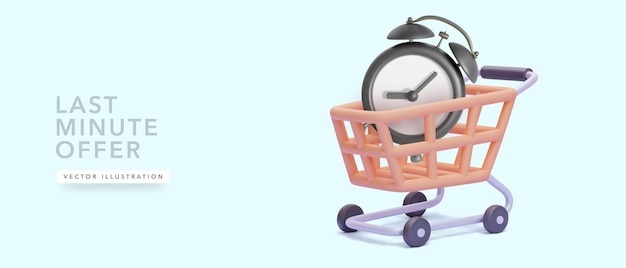 Shopping cart with alarm clock inside in realistic style Vector illustration