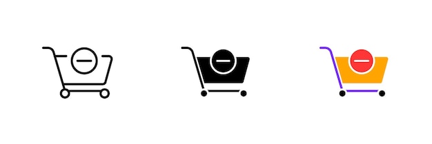 Shopping cart with ban sign Remove delete from cart cancel prohibit purchase buy shopping Vector set icon in line black and colorful styles isolated on white background