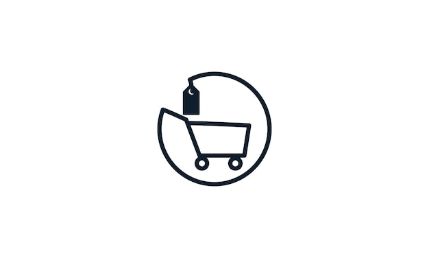 Shopping cart with discount label line outline  logo vector icon illustration