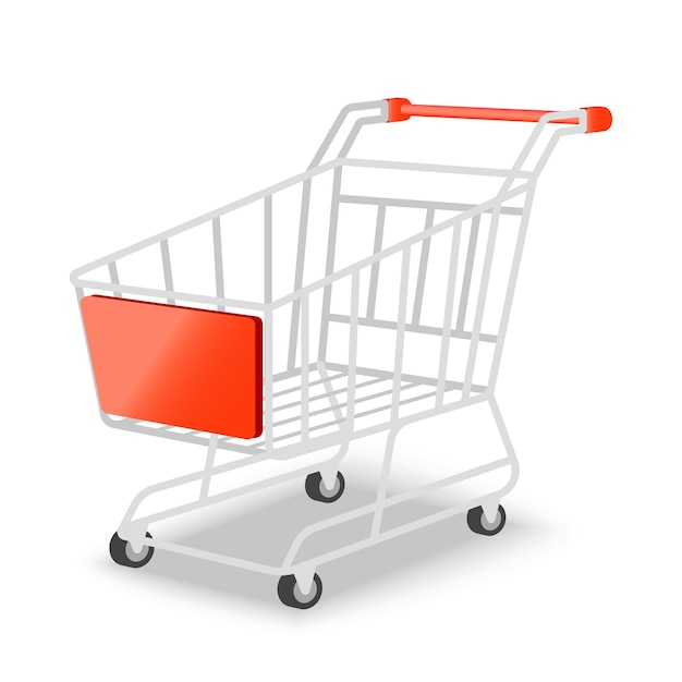 A shopping cart with a red plastic handle and a white background.