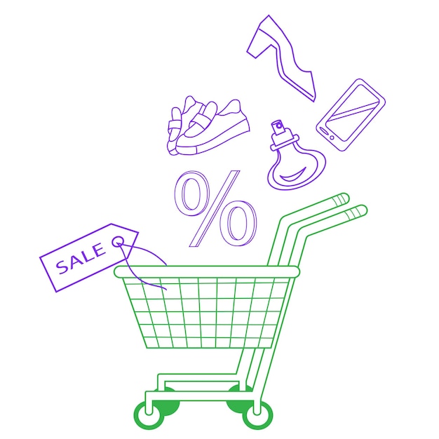 Shopping cart with sale items falling into it flat vector illustration isolated