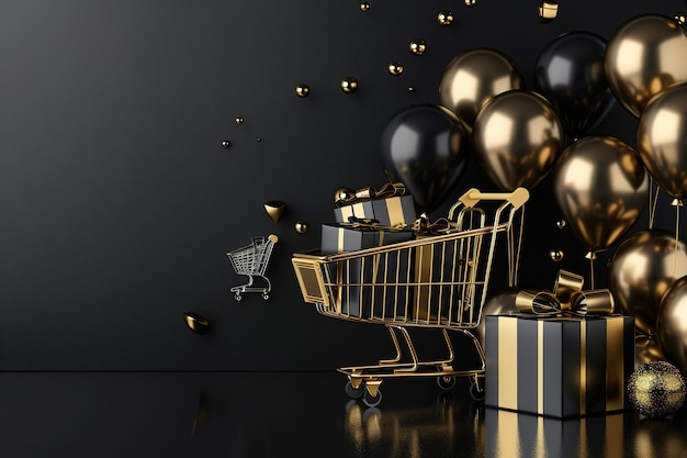 a shopping cart with a shopping cart and gold balls on the floor