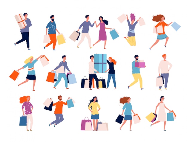 Vector shopping characters. people in market boutique store buyers discount crazy shopping  persons