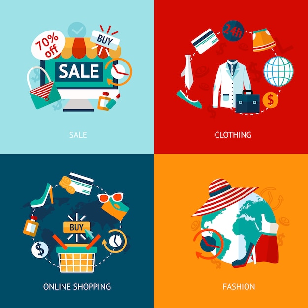 Shopping clothing flat icons set