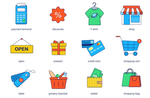 Shopping concept line icons set Pack outline pictograms of payment terminal discount tshirt shop