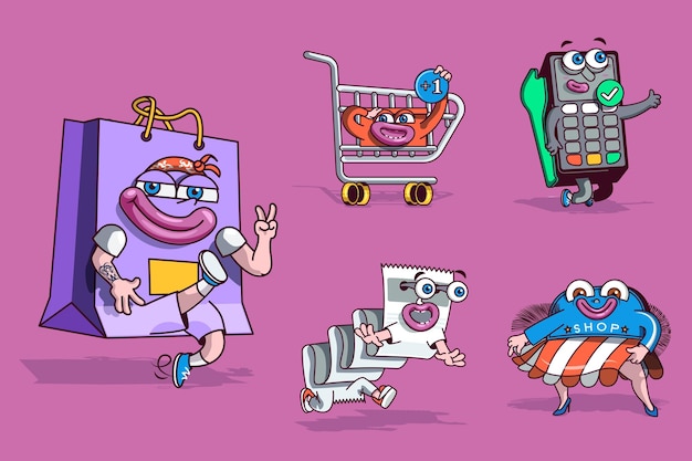 Shopping concept with 3d cute cartoon characters set Vector illustration