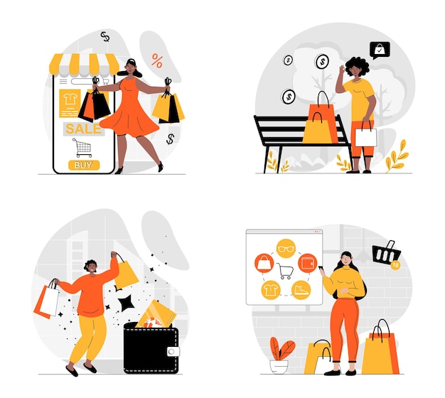 Shopping concept with character set Collection of scenes people making bargain purchases ordering new products online and buying in stores on seasonal sales Vector illustrations in flat web design