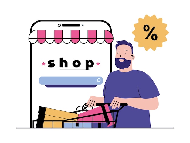 Shopping concept with character situation Man pushing supermarket cart with bags and buying online at discount prices during sales season Vector illustration with people scene in flat design for web