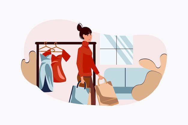 Shopping concept with people scene in the flat cartoon design Woman has done shopping in a clothing store and is about to go home Vector illustration