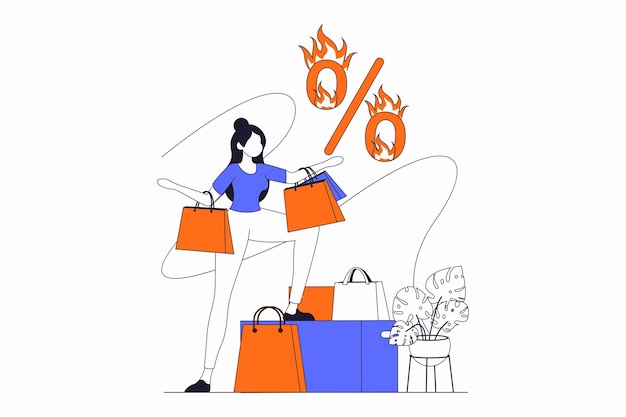 Shopping concept with people scene in flat outline design