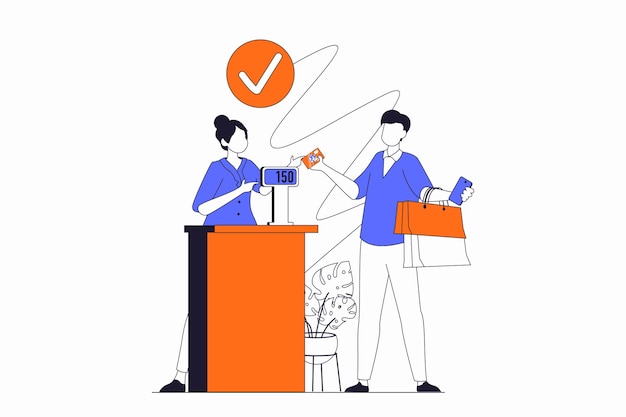 Shopping concept with people scene in flat outline design