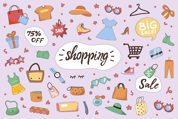 Shopping cute stickers set in flat cartoon design Collection of clothes dress shoes bag hat perfume discount label credit card and other Vector illustration for planner or organizer template