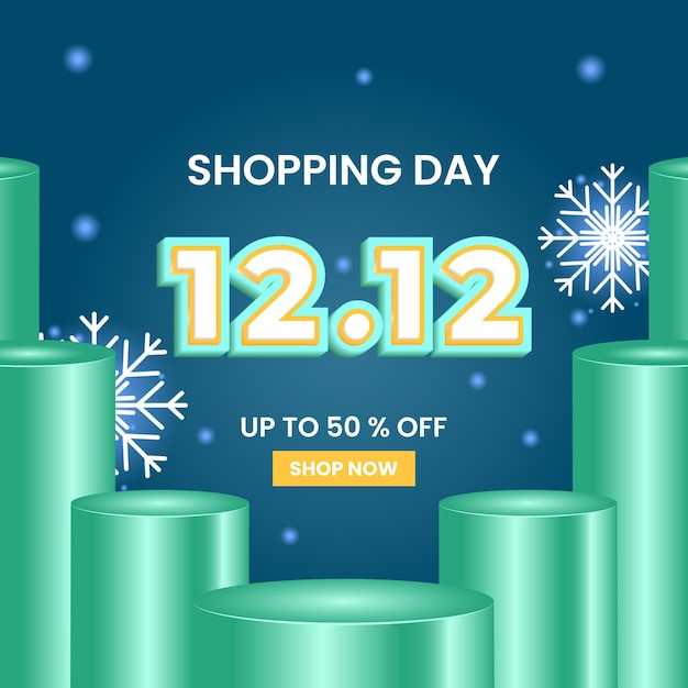 shopping day 12 12 up to 50 percent off design template. with text effect, snowflake and podium