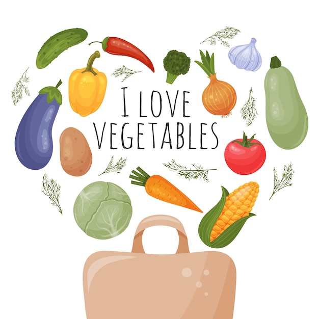 Shopping ecofriendly paper bag and vegetables Organic vegetables from supermarket I love vegetables Vector illustration Isolated on white Cartoon style