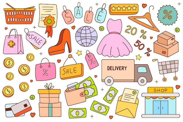 Shopping and ecommerce doodle icons set Cartoon online commerce sale money and delivery symbols