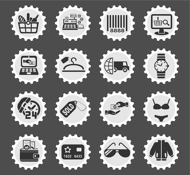 Shopping and ecommerce icons on stylized round postage stamps