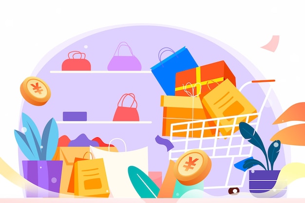 Shopping festival girls are shopping for goods background with malls and goods vector