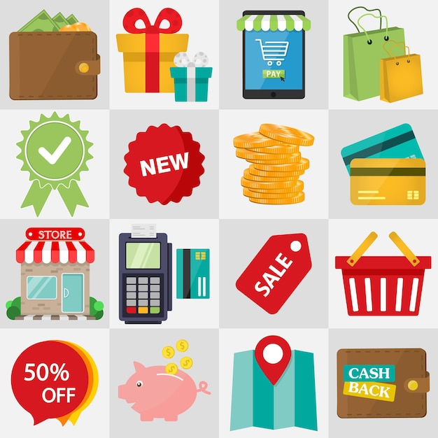 Shopping Flat icon set for Web and Mobile Application. vector