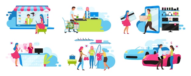 Shopping flat set. Buying goods and services at mall, supermarket, dealership. Purchasing things online and in store. Seller and customer isolated cartoon characters