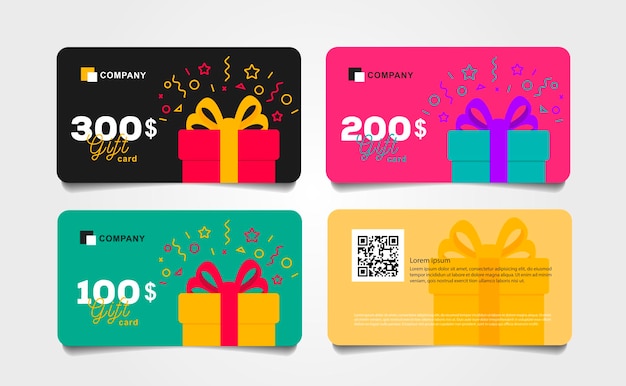 Shopping gift cards template set with gift box and dollar numbers vector illustration Voucher