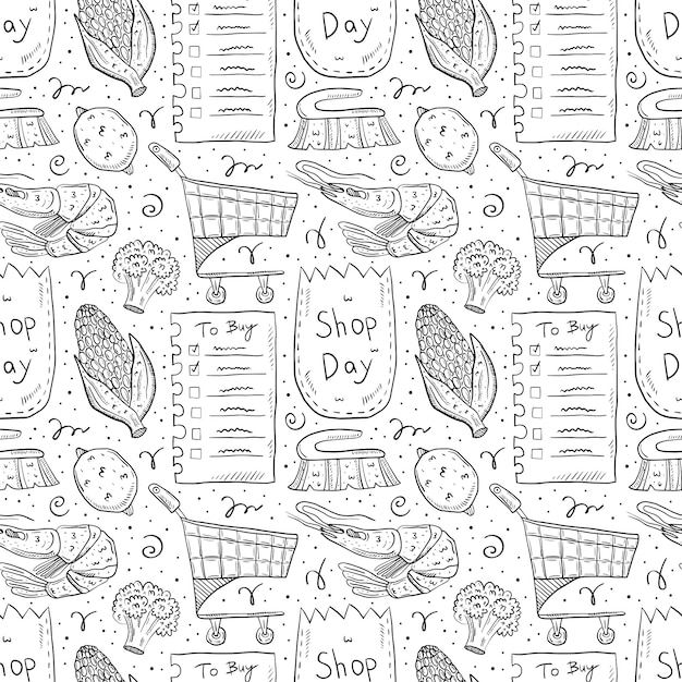 Shopping hand drawn doodle  seamless pattern. Isolated on white background. Check list, corn,  eco pack, paper bag, trolley, broccoli, lemon, brush, shrimp.