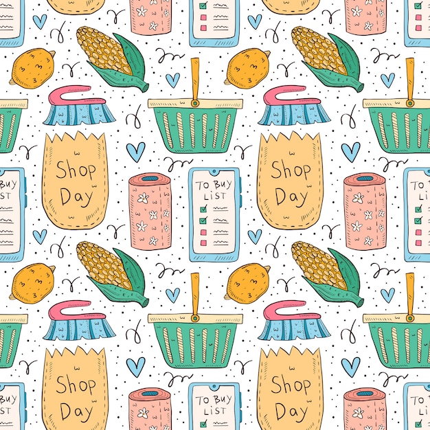 Shopping hand drawn doodle  seamless pattern. Isolated on white background. Check list, corn, pack, bag, basket, toilet paper, lemon, brush, smartphone app.