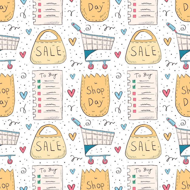 Shopping hand drawn doodle seamless pattern. Isolated on white background. Check list, eco pack, paper bag, trolley, sale.