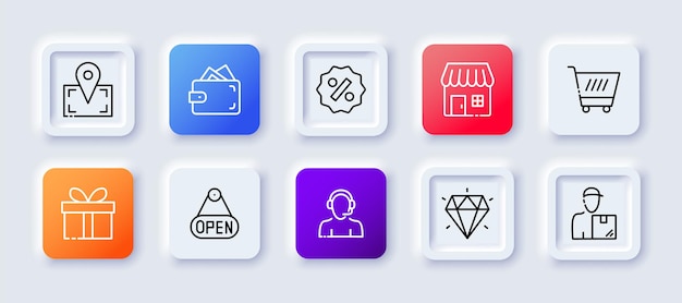 Shopping items set icon Shopping cart bag package discount sticker label buy purchase shop store customer packet Sale concept Neomorphism style Vector line icon for Business