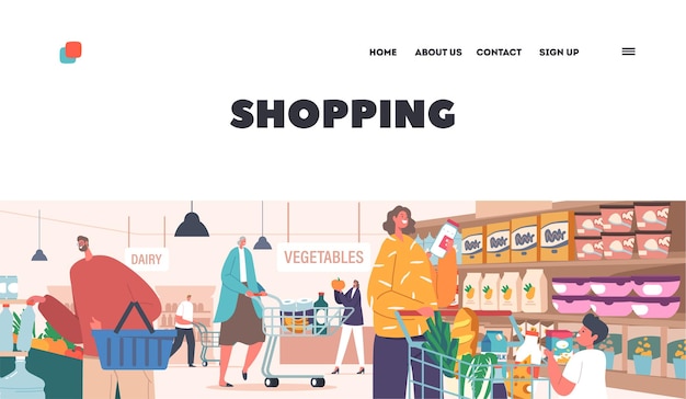 Shopping Landing Page Template People Visiting Supermarket Happy Man and Woman Choosing Products in Store