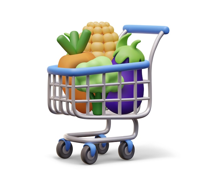 Shopping metal cart with fresh vegetables Corn eggplant carrot broccoli in cartoon style