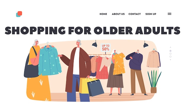 Shopping for Older Adults Landing Page Template Senior Buyers Characters at Seasonal Sale or Discount in Outlet