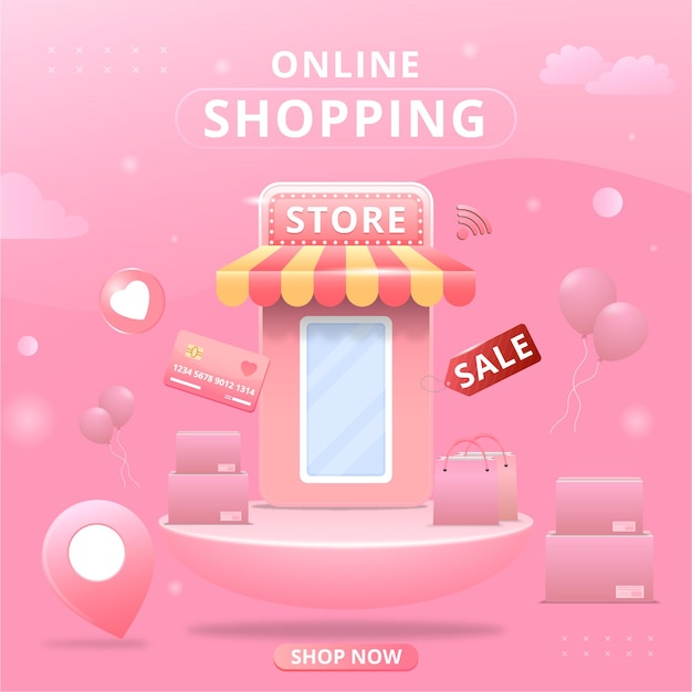 Shopping online banner with podium and shopping store design