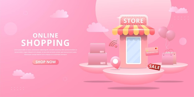 Shopping online banner with podium and shopping store design