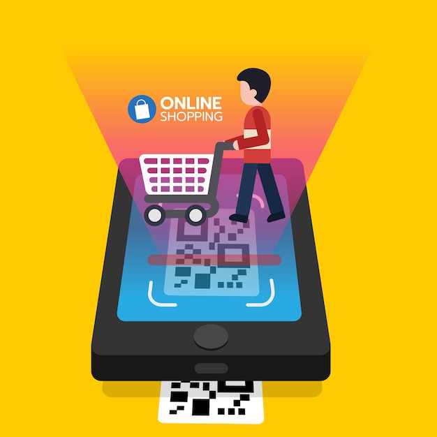 Shopping online scanning QR code on smartphone screen with consumer shopping cart