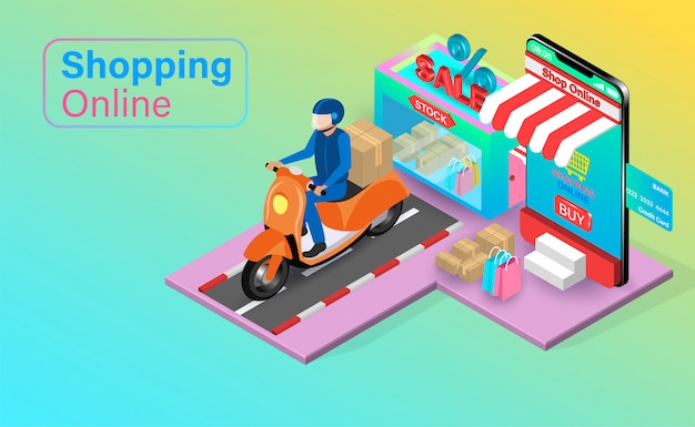 Shopping online on Website or Mobile Application with credit cart. Shopping cart with Fast delivery by scooter. isometric flat   design