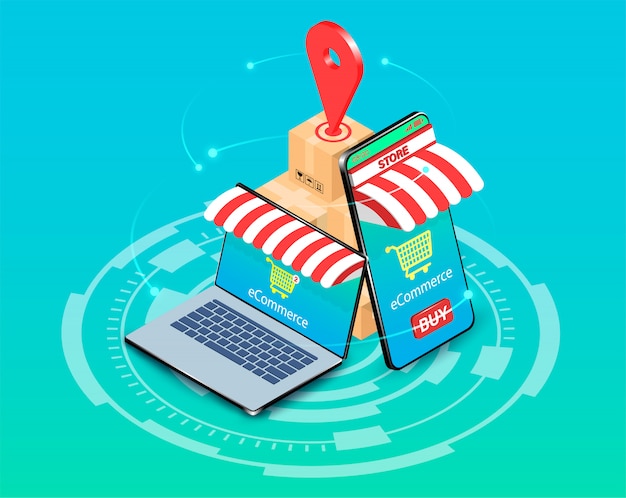 Shopping online with e-commerce system on Smartphone and computer laptop. isometric flat design