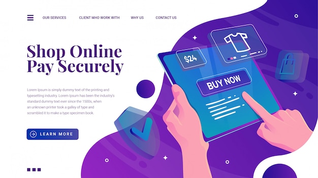 Shopping Online with phone tablet and security payment landing page 