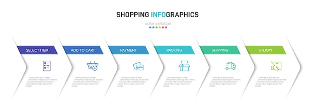 Shopping process with six colorful successive timeline steps Infographic elements