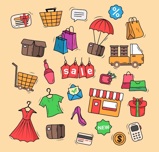 Shopping retro icons set Cartoon doodle icons for buying clothes ecommerce sale discounts