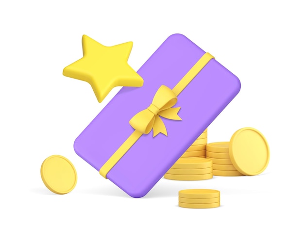 Shopping sale lottery win with present gift box coin cash money star 3d icon realistic vector