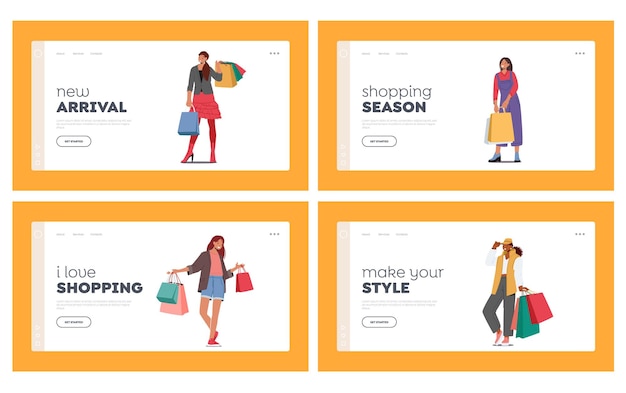 Vector shopping seasonal sale discount landing page template set young women holding colorful bags stylish female characters