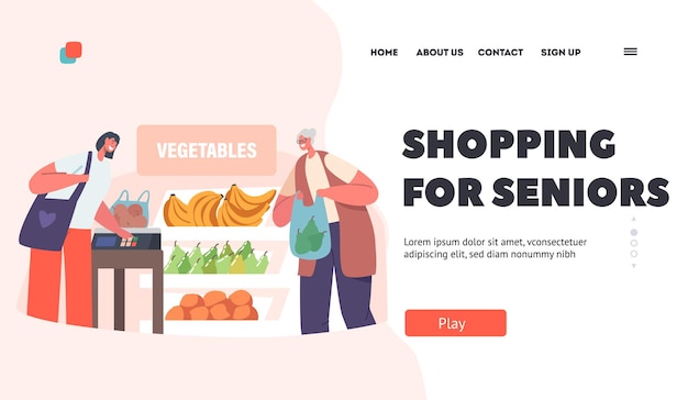 Shopping for Seniors Landing Page Template Old Woman with Bag Stand at Product Shelf in Store Aged Lady in Supermarket