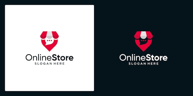 Shopping store logo with chat bubble and pin location Online shop icon simple minimalist logo