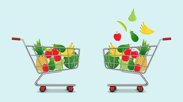 Shopping trolley and basket of food from grocery purchases