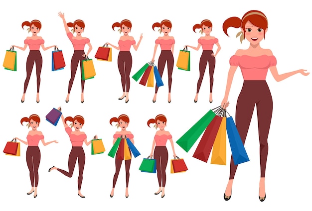 Shopping woman vector character set Girl cartoon character holding shopping bags