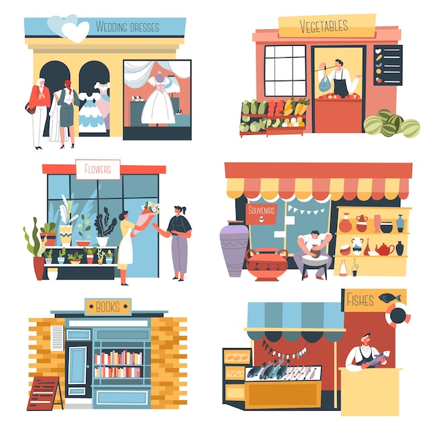 Shops and stall street kiosks and stores vector